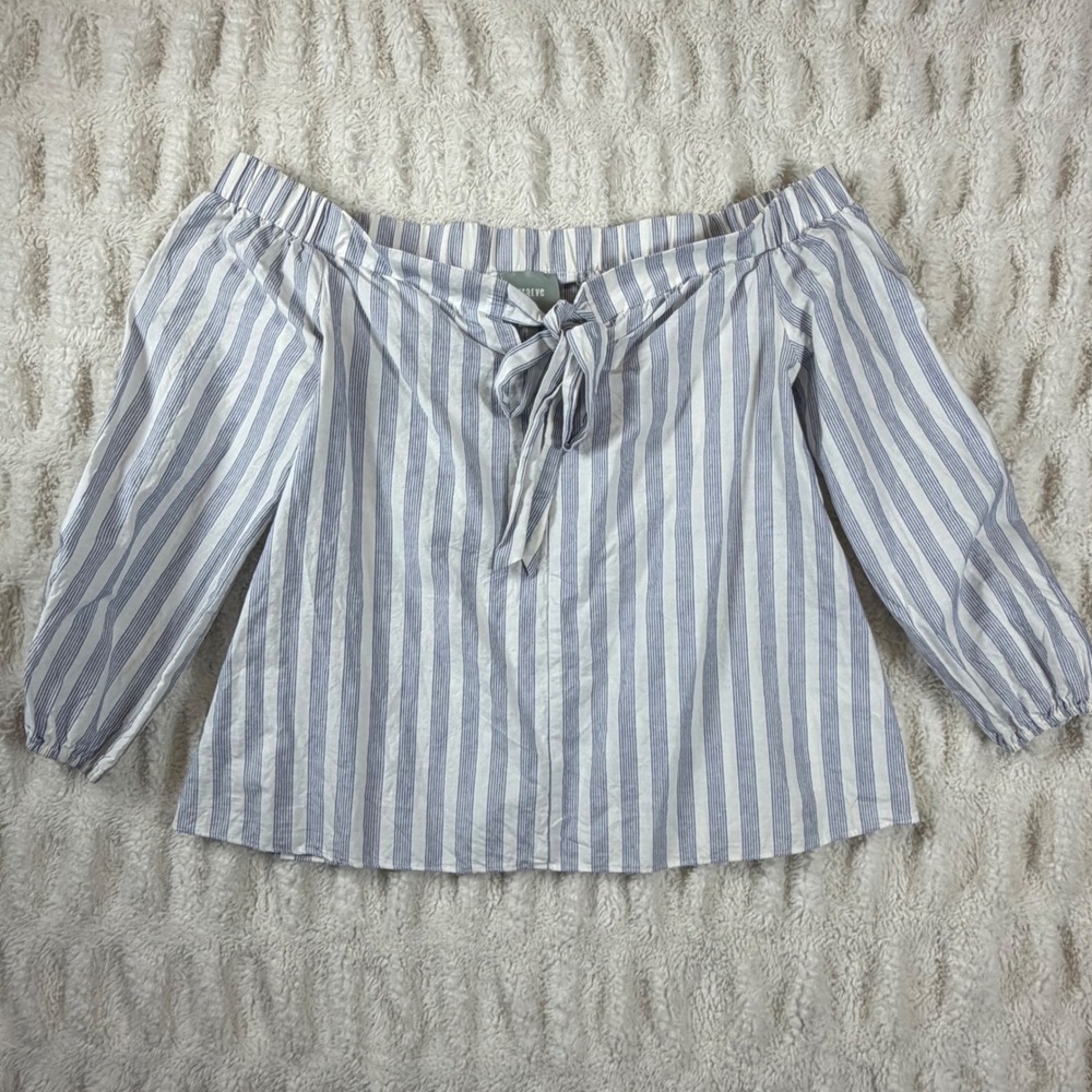 Maeve Anthropologie Off Shoulder Stripe Tie Front Cotton Blouse Blue White Med